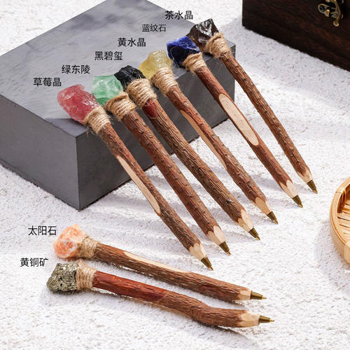 天然水晶原石木质圆珠笔魔法杖