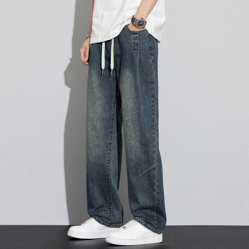 高端牛仔裤男款宽松直筒美式高街蓝色牛仔裤男生秋款潮牌复古长裤