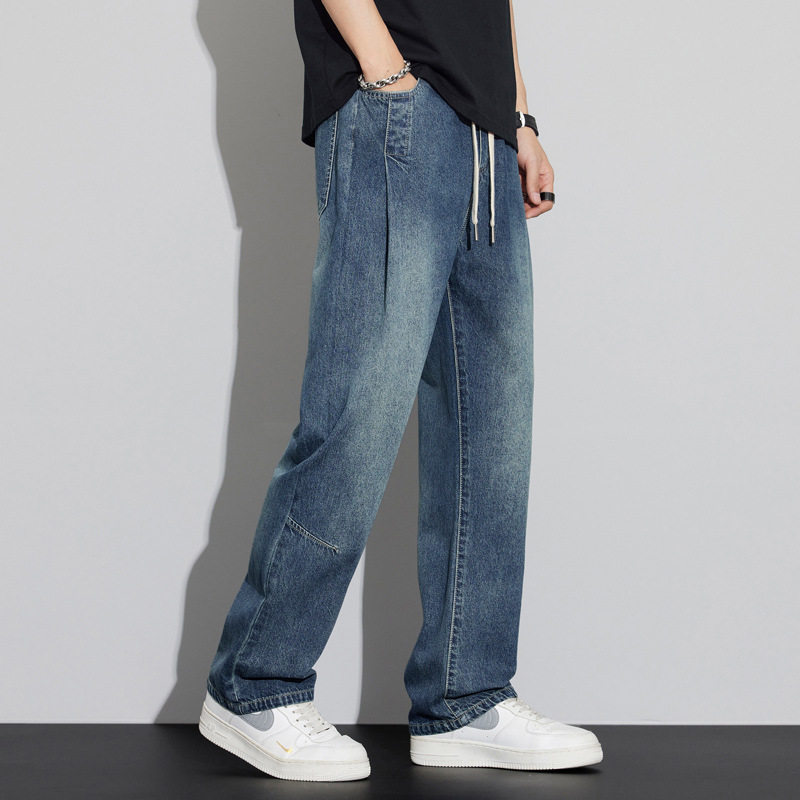 高端牛仔裤男款宽松直筒美式高街蓝色牛仔裤男生秋款潮牌复古长裤