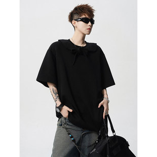 复古灰色披肩假两件套短袖T恤女美式上衣小个子宽松拼接潮慵懒风