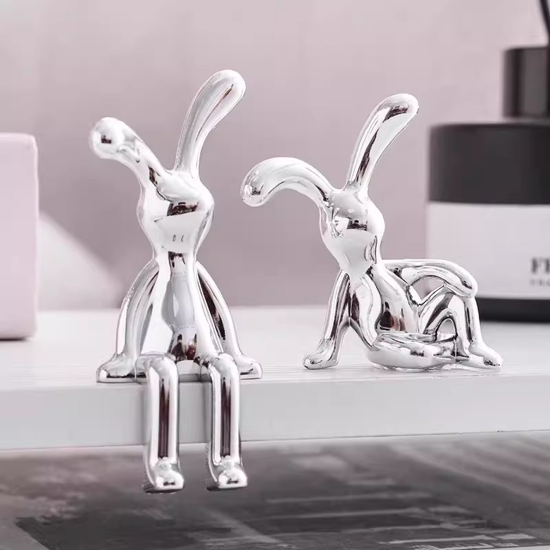 轻奢电镀银兔子汽车家居两用摆件