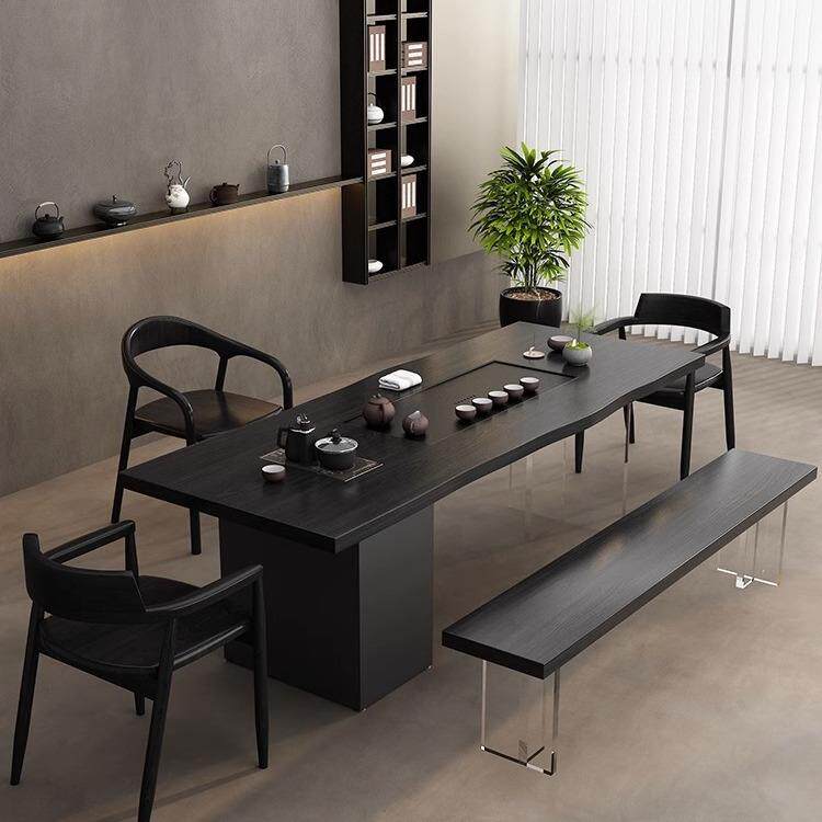 侘寂风实木茶桌椅组合茶盘茶台一体碳化亚克力茶几办公室客厅家用