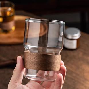 拿铁高颜值高级感玻璃茶杯家用木片隔热茶杯 隔热挂耳咖啡杯冰美式