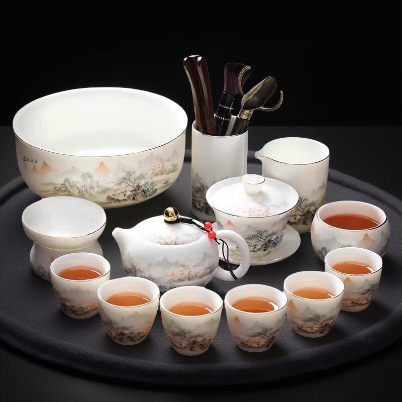 脂玉茶具套装功夫套装中国无障碍豪华茶杯办公室白瓷茶壶盖碗套装