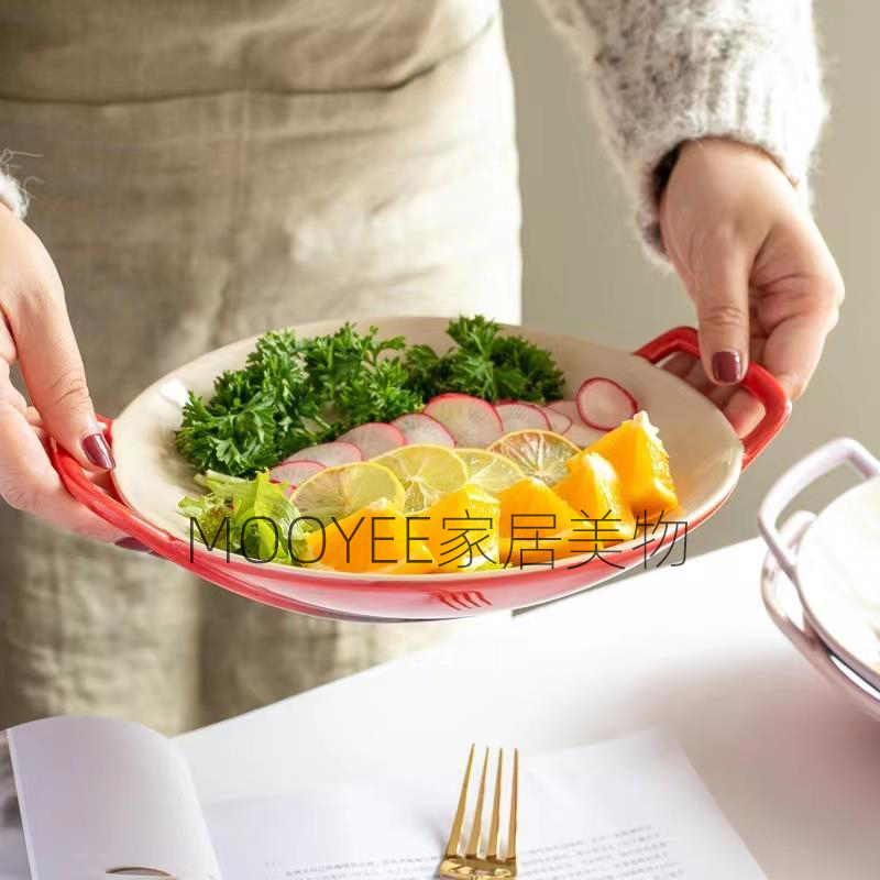 LE CREUSET法国酷彩双耳盘锅形盘釉下彩盘子防烫家用深盘菜盘餐盘