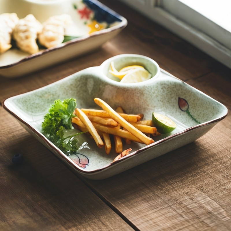 中式陶瓷饺子盘带醋碟蘸料碟早餐盘小吃碟大号分格盘子薯条专用盘