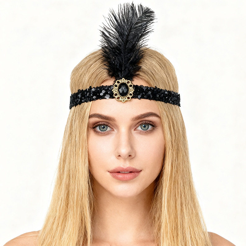 欧美复古羽毛头带亮片镶钻发饰派对舞会表演头饰印第安民族风发带