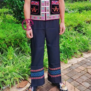 成人彝族男单裤直筒裤男款长裤民族特色绣花裤子少数民族黑色裤子
