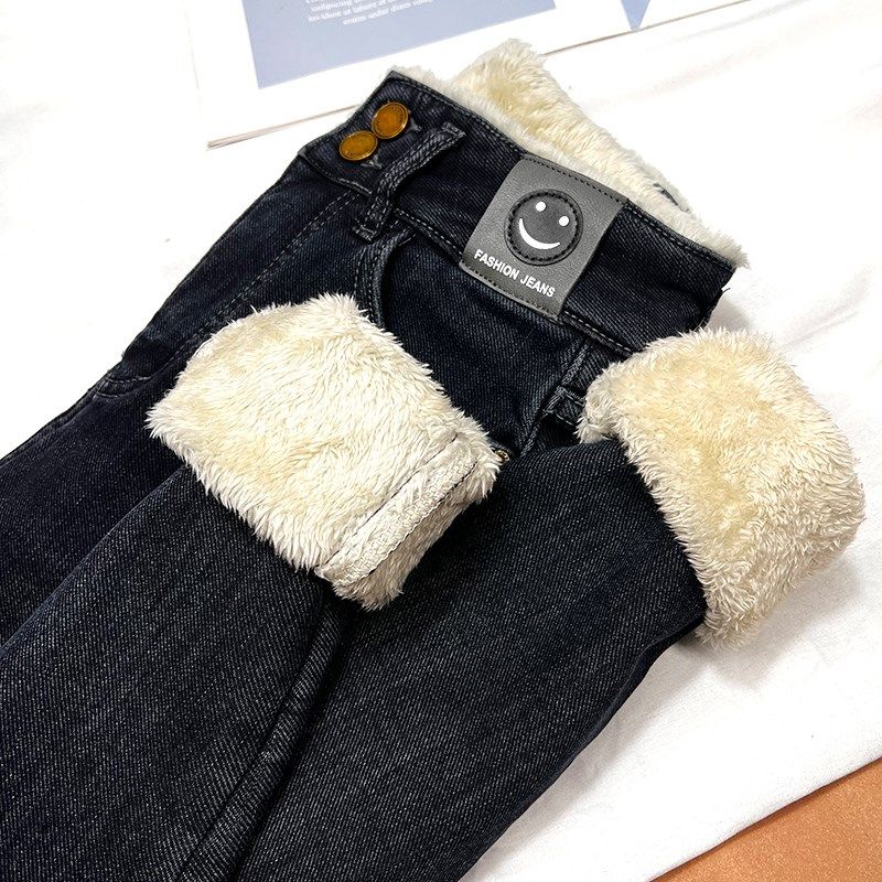 特厚加绒牛仔裤女冬季加厚2023年新款羊羔绒高腰显瘦紧身小脚长裤