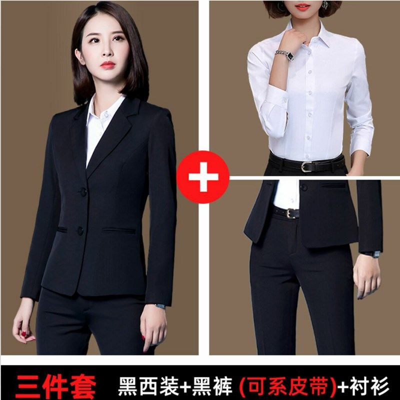 西服套装女春秋新款免烫气质黑色面试修身大码外套职业正装工作服