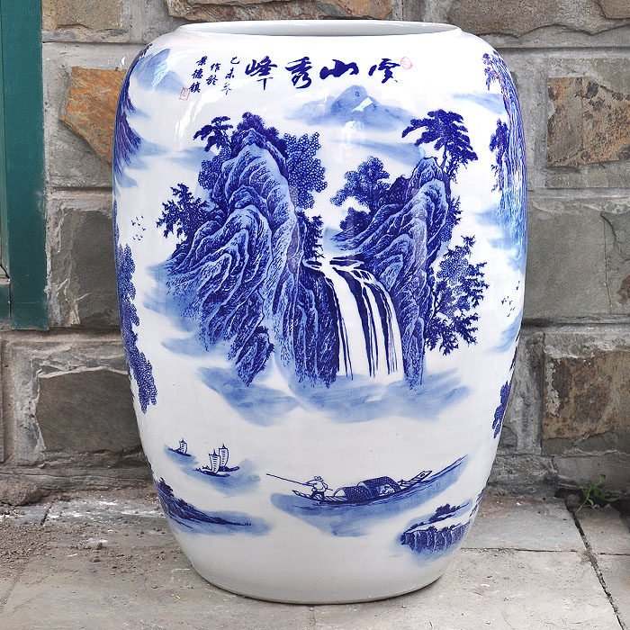 景德镇陶瓷器青花瓷书画缸卷轴缸插花山水字画缸收纳装云山秀峰