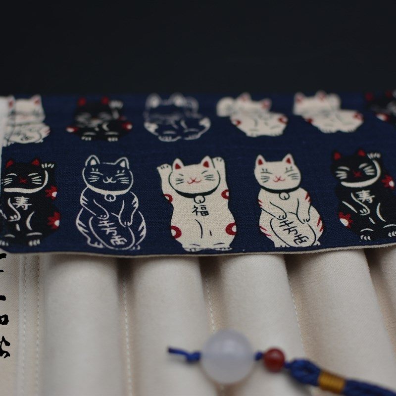 【包邮】一叶知秋 手作 笔帘 【和风猫  红\蓝】 玛瑙珠 钢笔笔帘