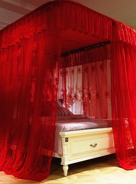 大红色结婚喜庆宫廷蚊帐公主风U型轨道导轨式1.8米2m加密帐纱睡帐