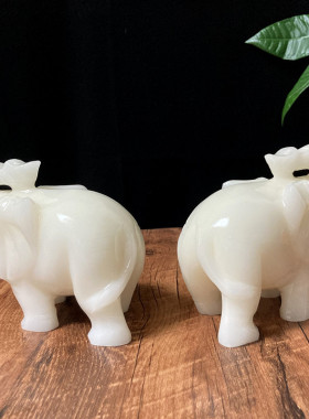招财玉石大象摆件一对镇宅保平安酒柜玄关装饰品乔迁送礼雕刻白玉
