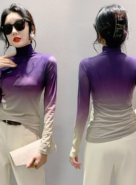 2023秋冬时尚高领网纱撞色渐变长袖T恤女修身显瘦气质上衣打底衫