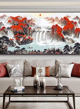 横版鸿运当头DIY数字油画新中式客厅办公室背景墙靠山水画装饰画