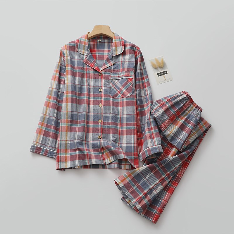 英伦风格子睡衣女布薄款长袖长裤家居睡眠服春秋可外穿休闲服