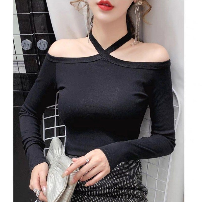 挂脖一字肩上衣女2024年新款秋季百搭设计感心机性感长袖露肩t恤