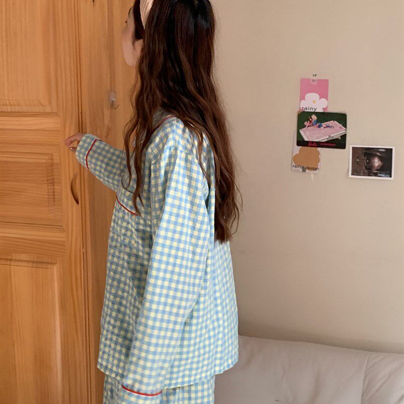 撞色格子睡衣女春秋款网红风纯棉长袖2022年新款甜美家居服两件套