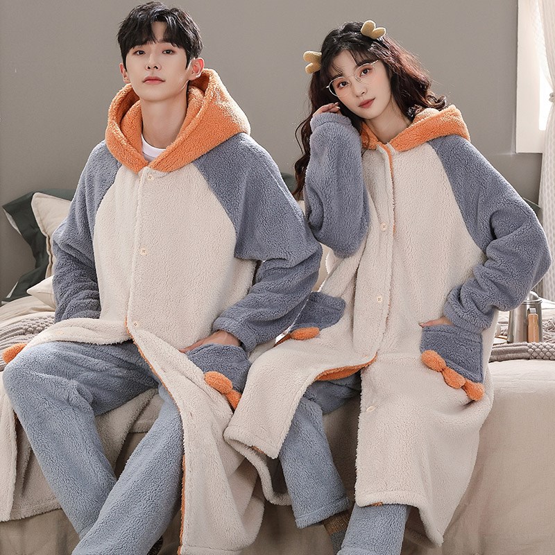 秋冬季加厚珊瑚绒情侣睡衣可爱女睡袍加绒保暖男士家居服外穿套装