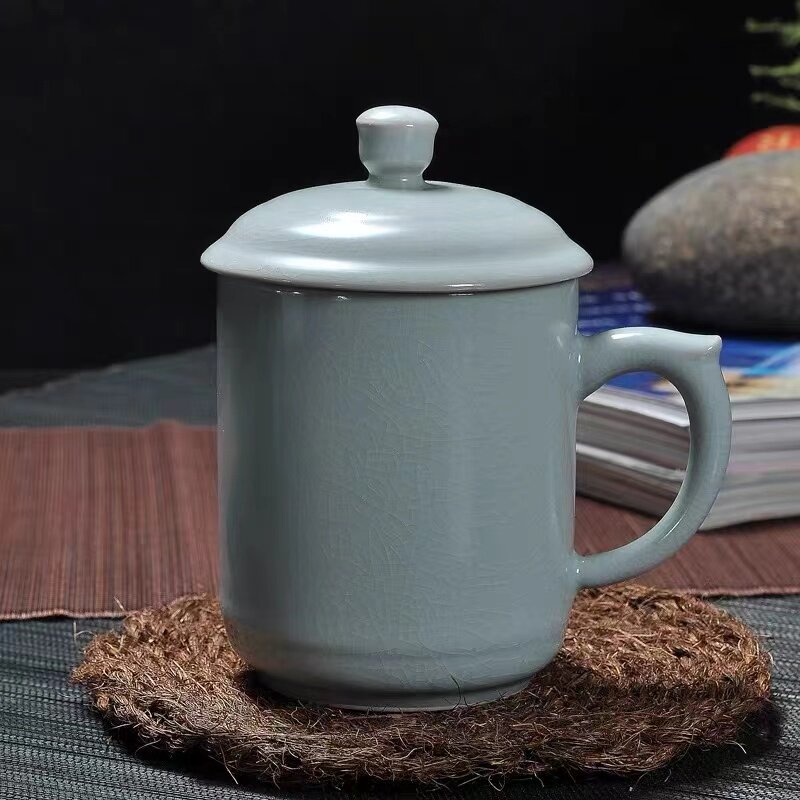 汝窑办公杯陶瓷茶杯带盖过滤功夫茶泡茶水杯大容量天青瓷高档礼品