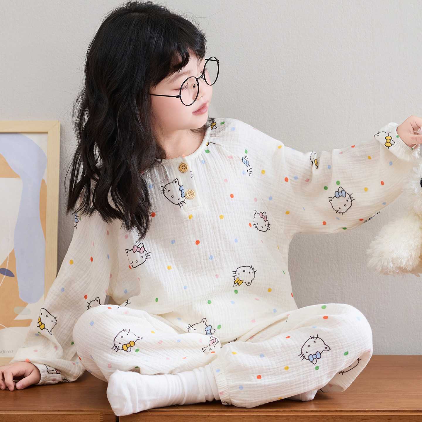 亲子薄款纯棉睡衣女童长袖棉纱束口透气家居服小女孩卡通空调服夏