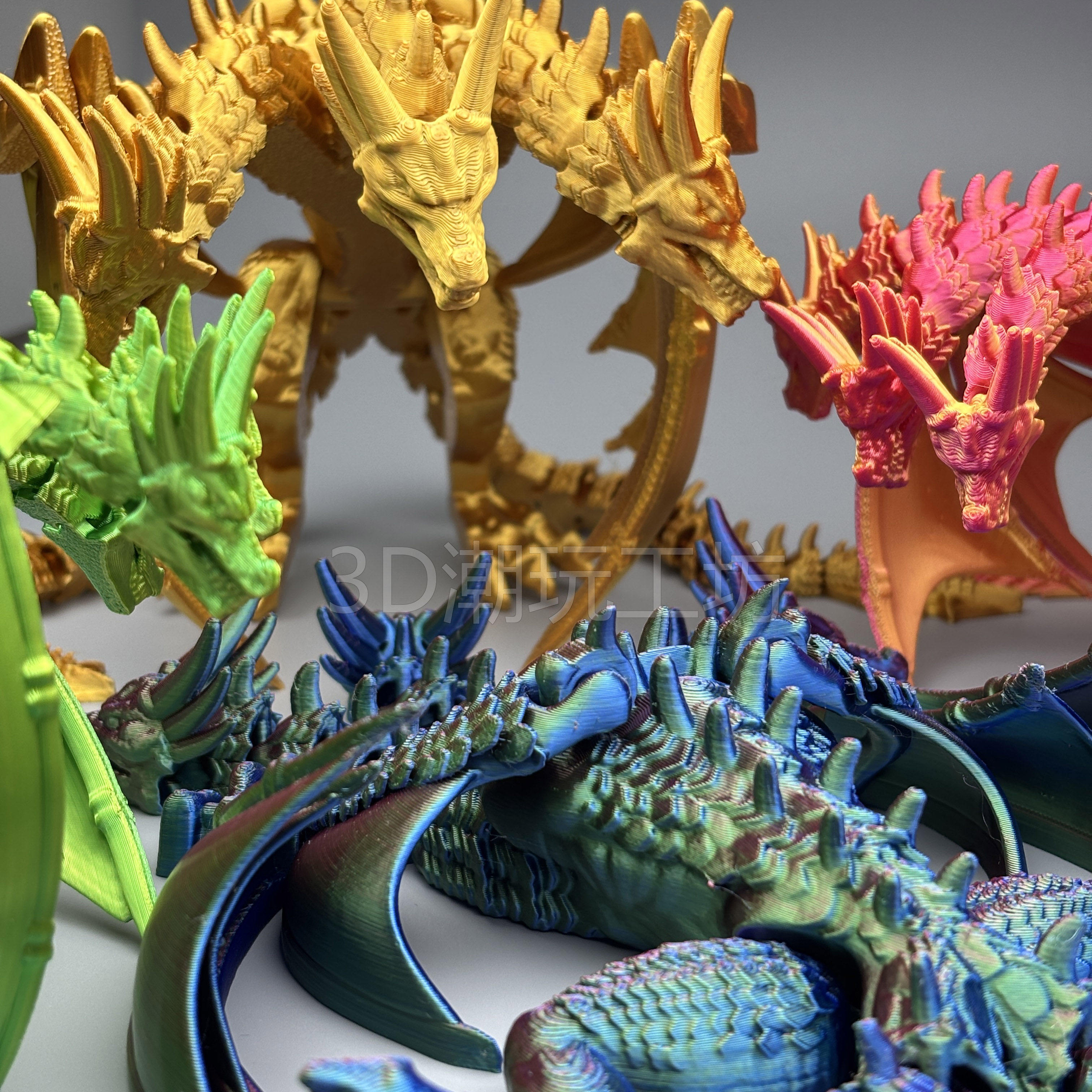 可站三头龙3D打印怪兽模型带翅膀恐龙手办摆件装饰玩具礼物