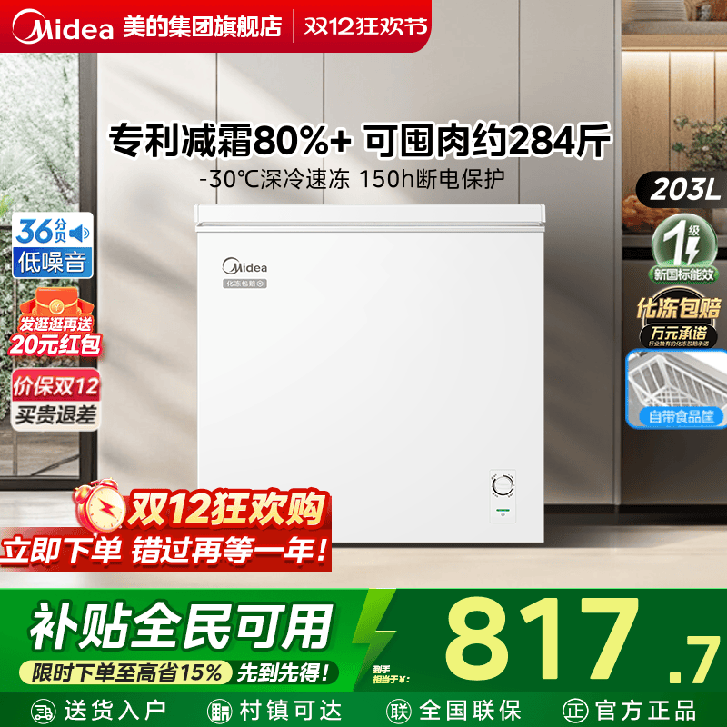 美的203L小冰柜家用小型冷柜全冷冻冷藏两用商用单温节能冰箱