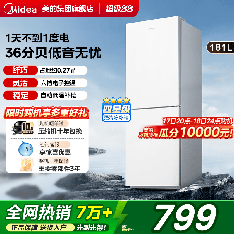 美的190双开门两门白色家用小型宿舍租房超薄电冰箱节能省电官方