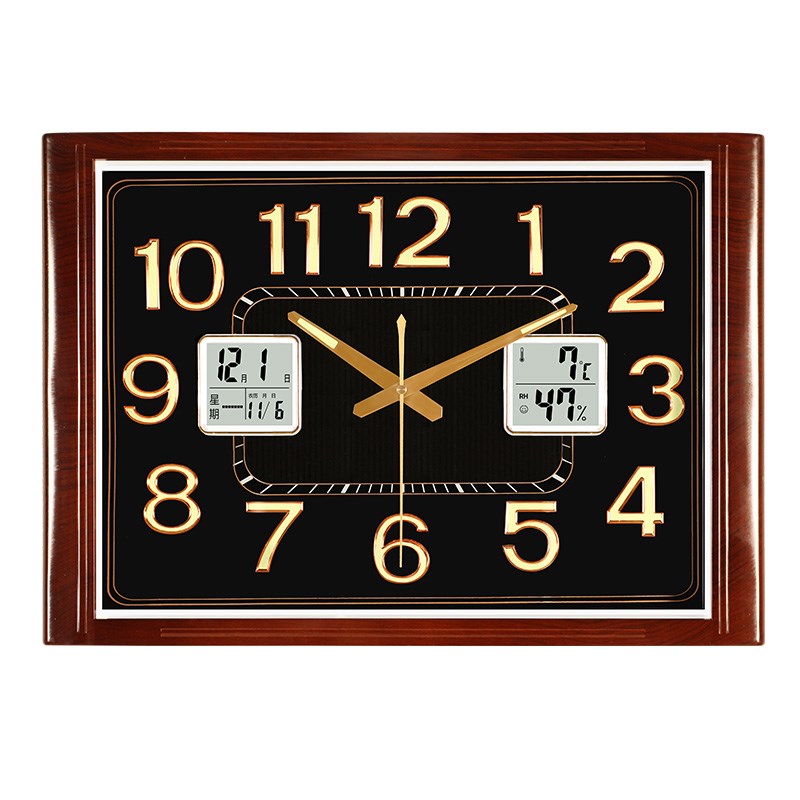 简约现代长方形夜光挂钟客厅家用时尚挂墙时钟表带温度日历石英钟