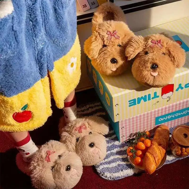 新款布哆中童女士秋冬马尔济斯蝴蝶结保暖防滑居家可爱卡通棉拖鞋