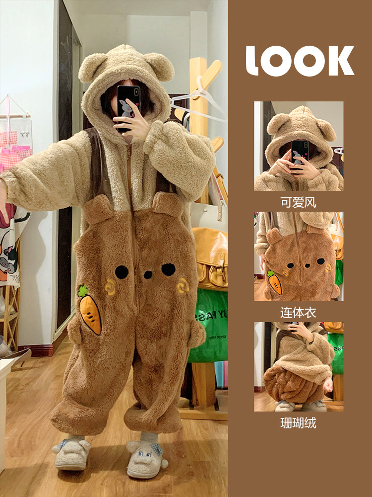 可爱小熊珊瑚绒睡衣女2025新款加绒加厚冬季可外穿连体家居服睡袍