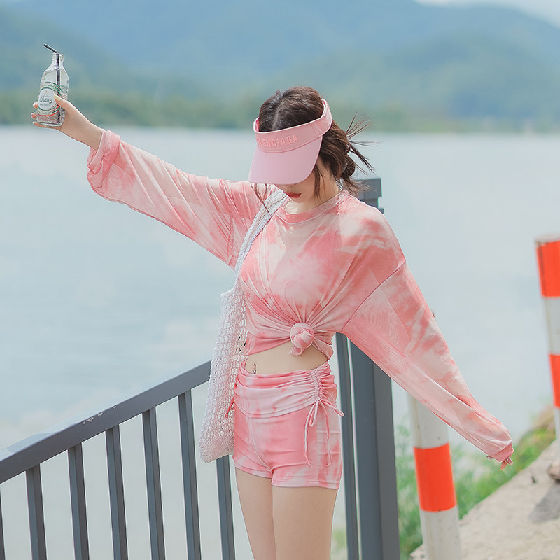 泳衣微胖女孩粉色系遮肚分体保守显瘦防晒罩衫泡温泉海边三件套
