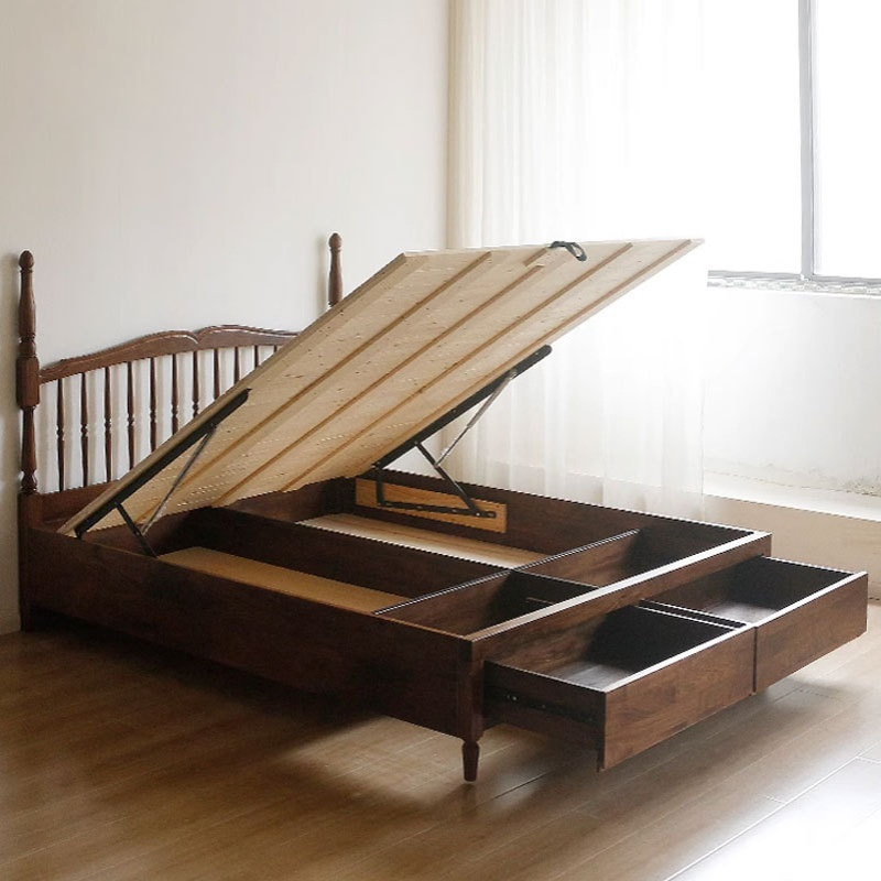 法式复古黑胡桃木全实木储物床1.5米1.8米中古风樱桃木双人抽屉床