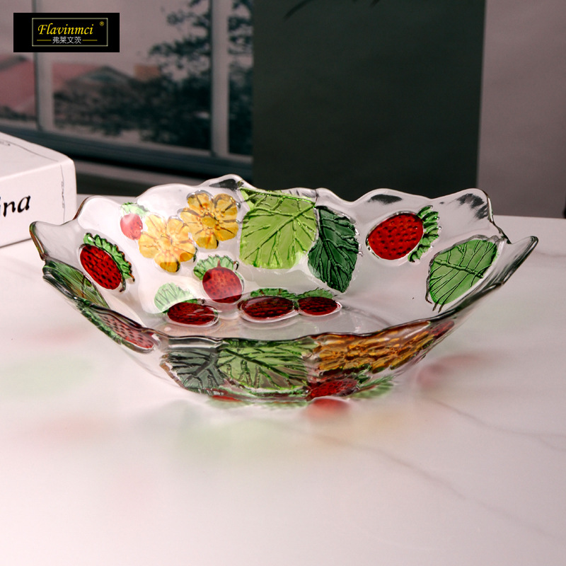 弗莱文茨彩色玻璃盘子时尚彩绘草莓果盘家用客厅茶几糖果盘干果盘