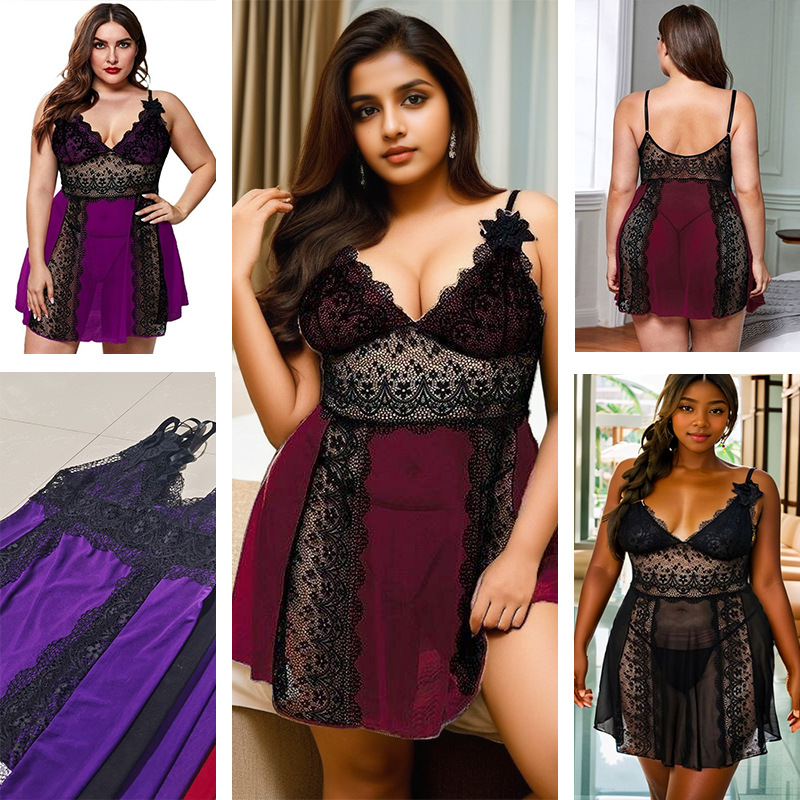 9900性感深V吊带蕾丝睡裙女欧美大码网纱透视短裙休闲