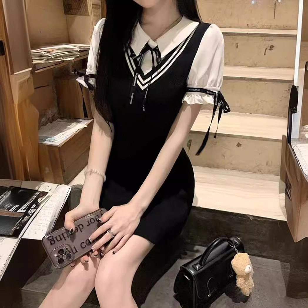 polo领拼接收腰显高显瘦夏季小个子两件短裙连衣裙假女学生学院风