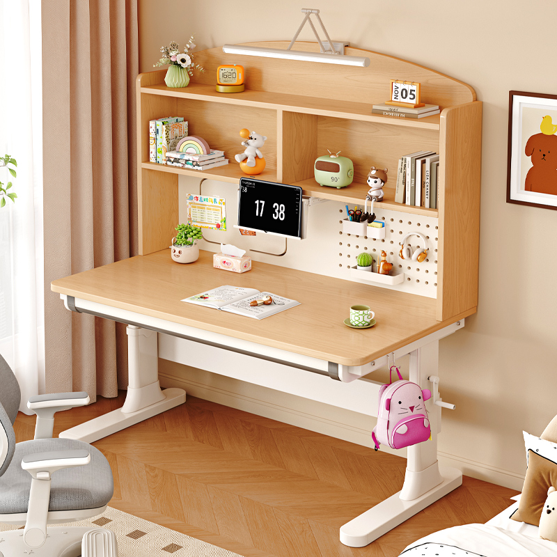 儿童学习桌实木手摇可升降书桌椅套装家用小学生写字桌护眼大白桌