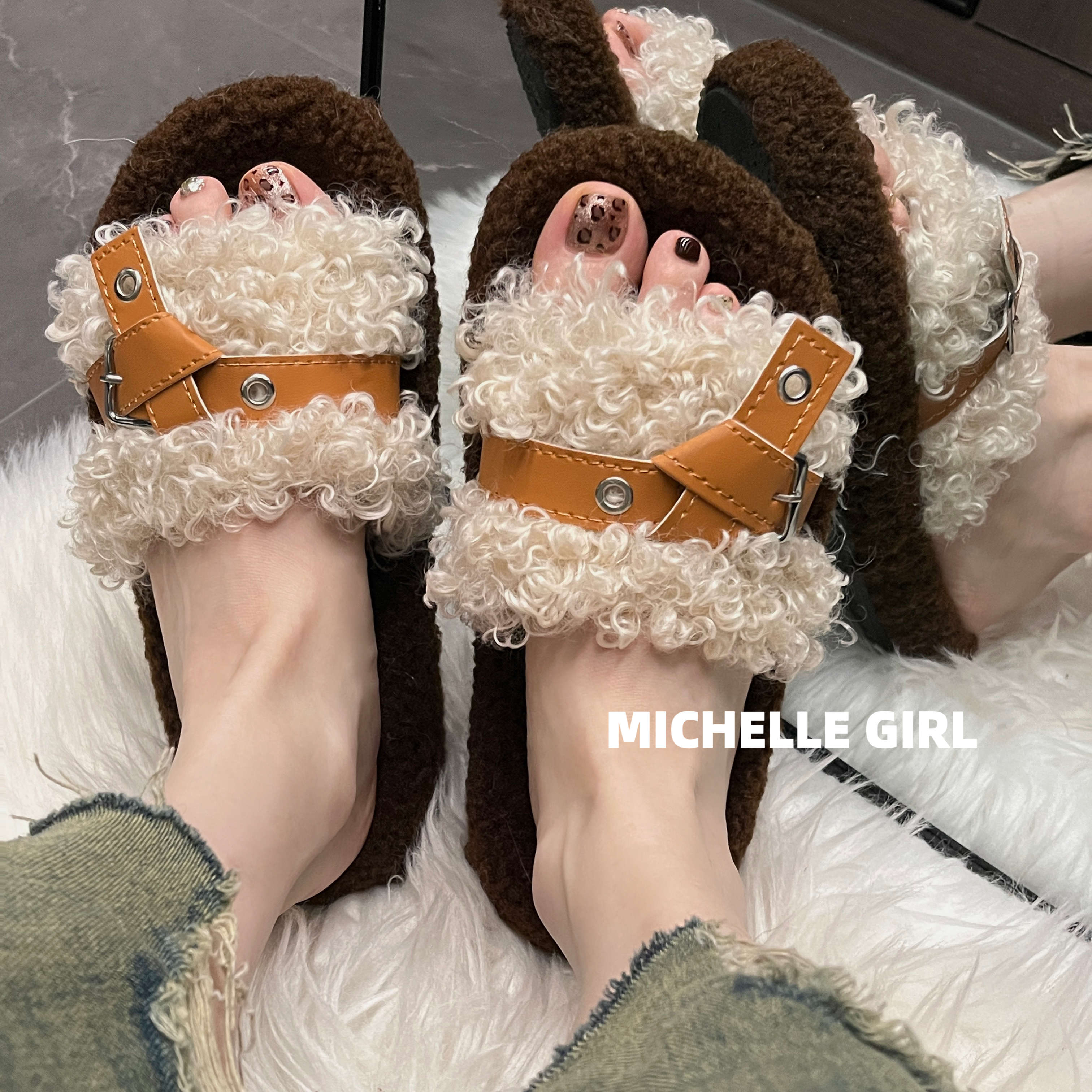 MichelleGirl女款泰迪卷毛拖鞋
