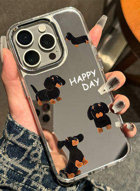 ins腊肠小狗苹果16适用15plus苹果14Promax手机壳镜面iPhone17补妆镜子xr/xs华为Pura70高级感p50简约Mate30