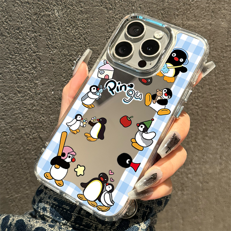 PINGU企鹅iPhone17手机壳好看16promax镜面12pro女款适用苹果15华为pura70卡通可爱mate40pro电镀xsmax保护套