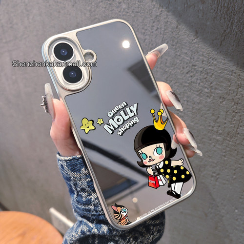 Molly潮玩公仔17air手机壳镜面潮牌苹果16高级电镀银15plus茉莉时尚女14promax简约高级感iphone17防摔保护套