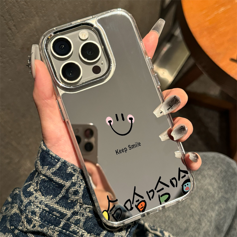 ins简约笑脸适用15plus苹果16Promax苹果17手机壳镜面iPhone14补妆镜子xr防摔xs华为Pura80新款p50情侣Mate30