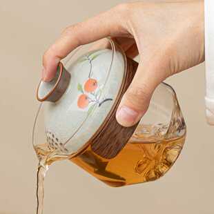 哥窑手绘手抓壶轻奢高档玻璃盖碗茶杯家用茶壶泡茶不烫手泡茶单壶