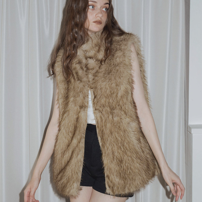 CUYTR新款美式复古皮草马甲女宽松休闲百搭无袖坎肩背心外套