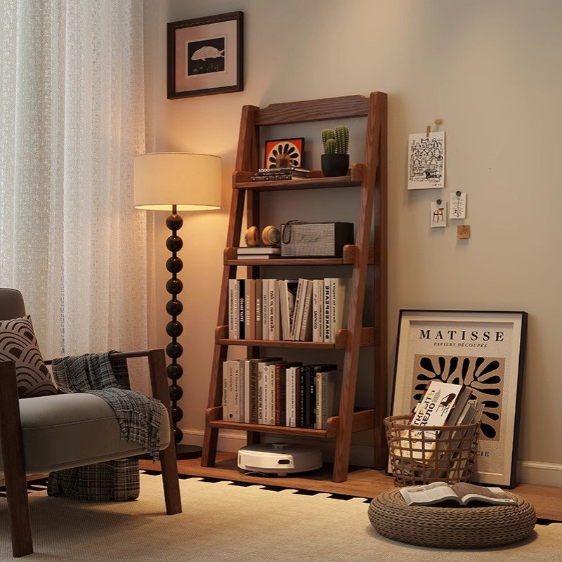 北欧简约实木梯形置物架书房桌边多层书架家用客厅落地梯架收纳架