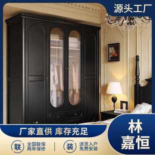 复古现代简约带抽屉新款 北欧实木黑色衣柜家用卧室法式 四门大衣橱