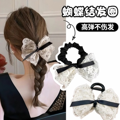 网红蕾丝花边黑白色蝴蝶结发圈高级感发饰法式扎头发绳气质头绳