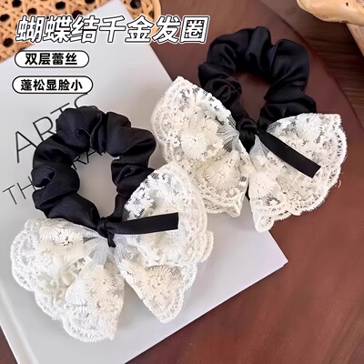 韩系蝴蝶结双层蕾丝刺绣发圈