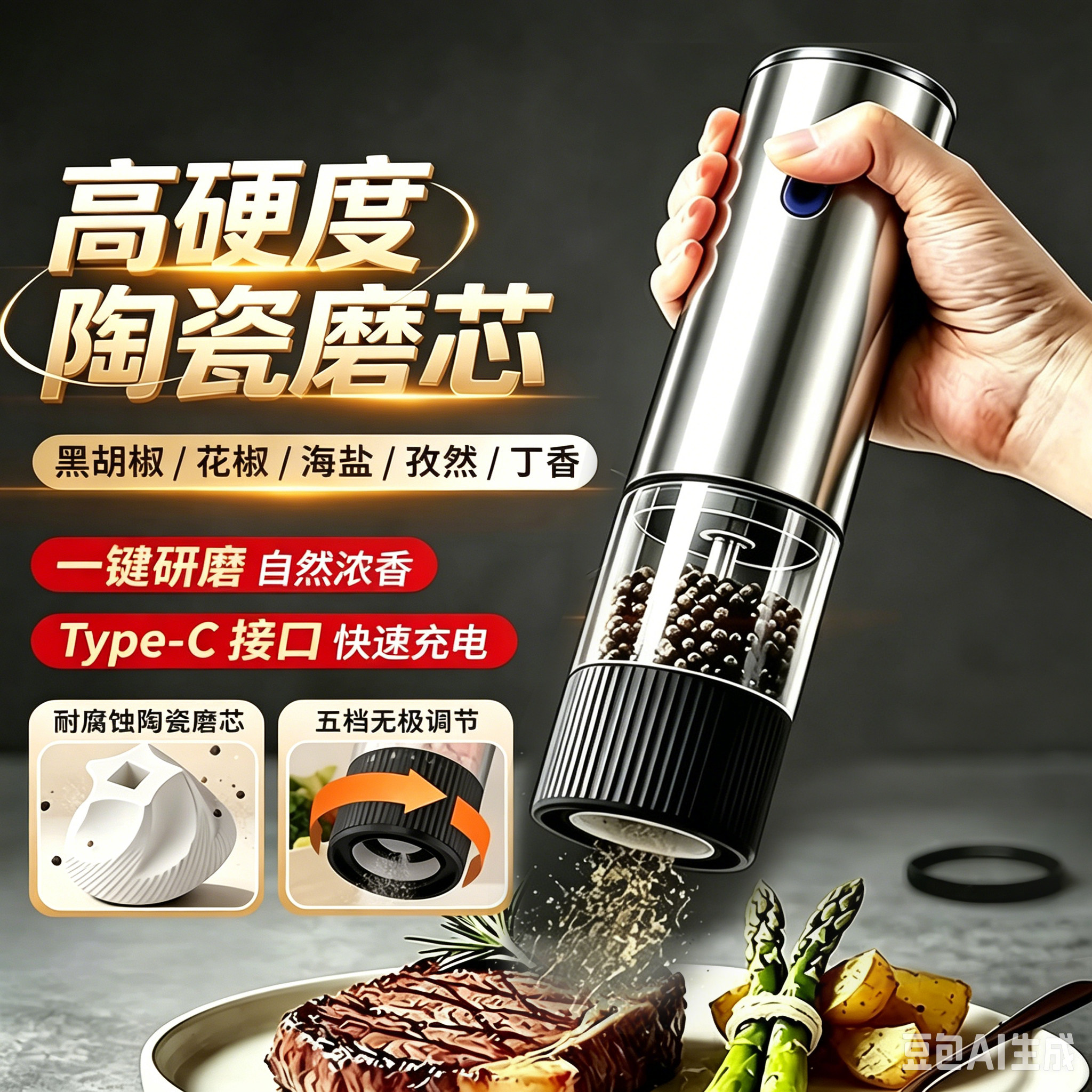 电动胡椒研磨器厨房家用胡椒粉花椒海盐孜然黑胡椒粒研磨瓶机自动